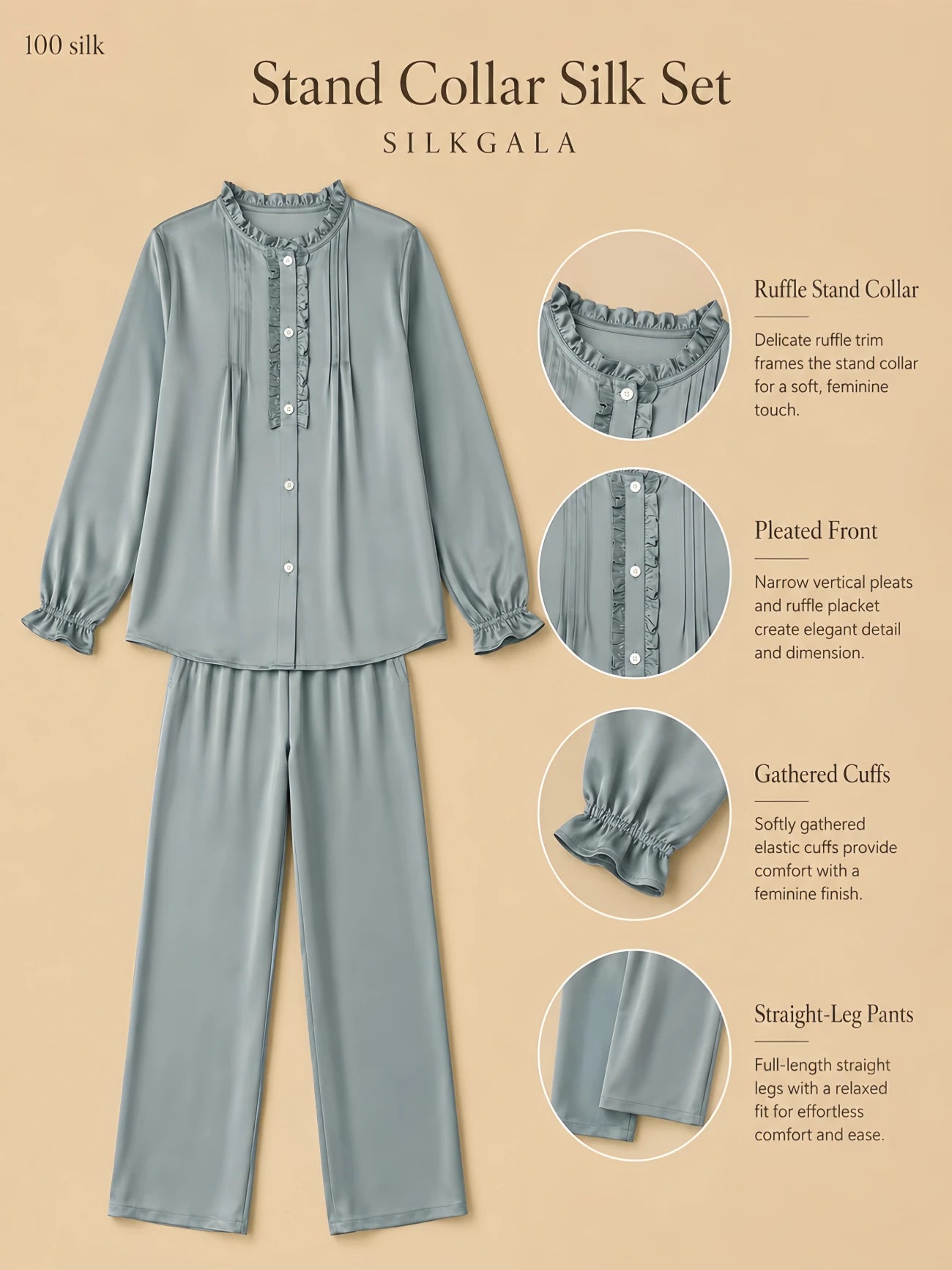 Silkgala 19mm stand collar silk pajama set flat lay in misty bean blue with pleated ruffle front, button placket, gathered cuffs, and straight-leg pants on beige background.