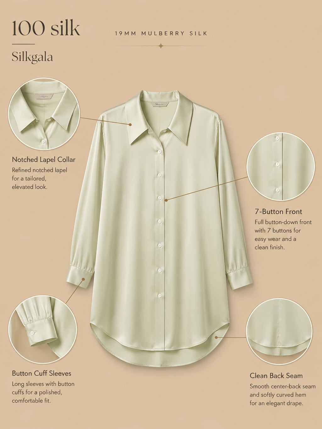 Silkgala 19mm 100% mulberry silk tailored sleepshirt detail image showing a notched lapel collar, 7-button front, long sleeves with button cuffs, clean back seam, and curved hem.