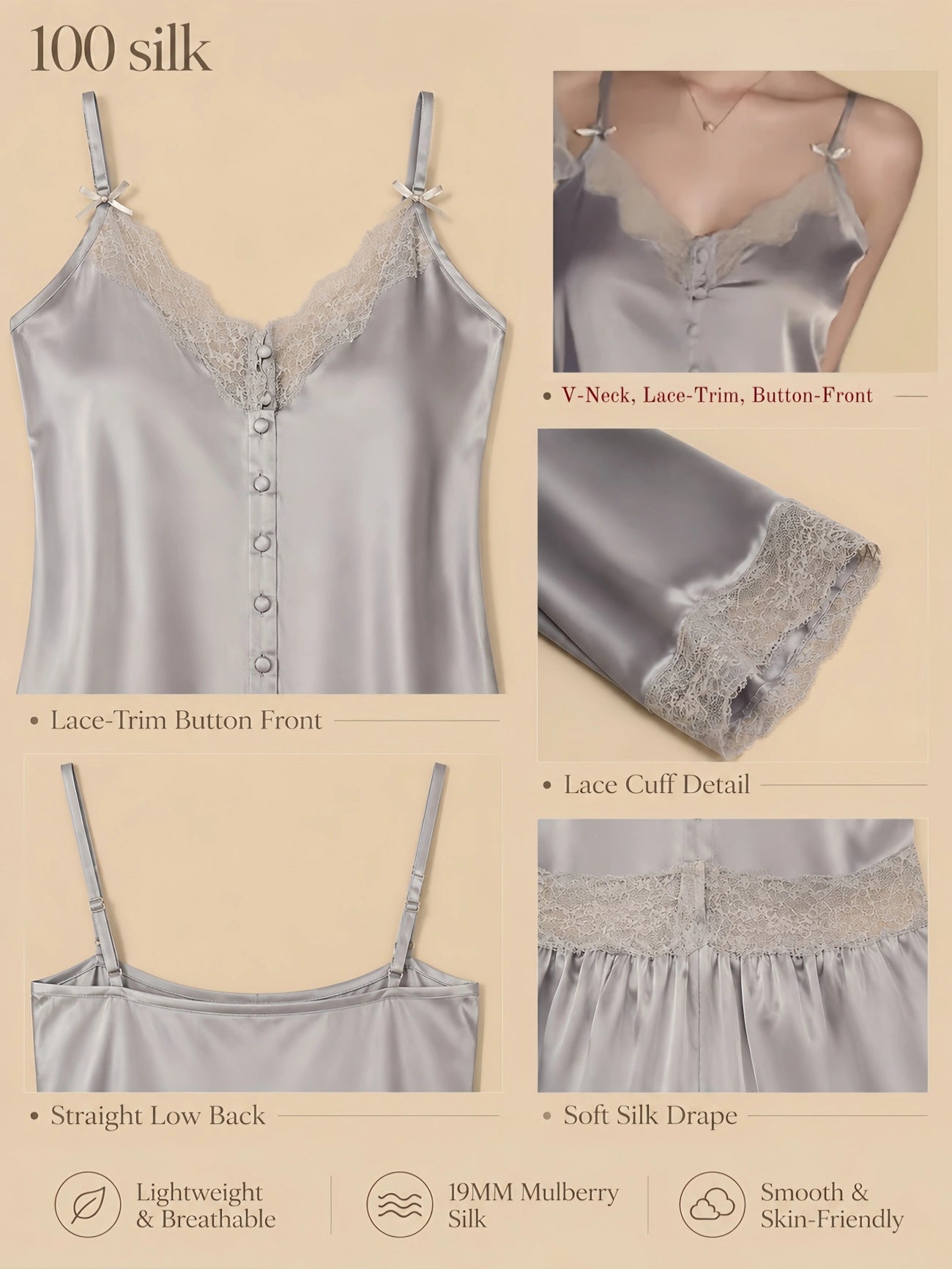 19mm silver gray silk three-piece set with lace button-front cami, matching pants, robe cuffs, and smooth drape