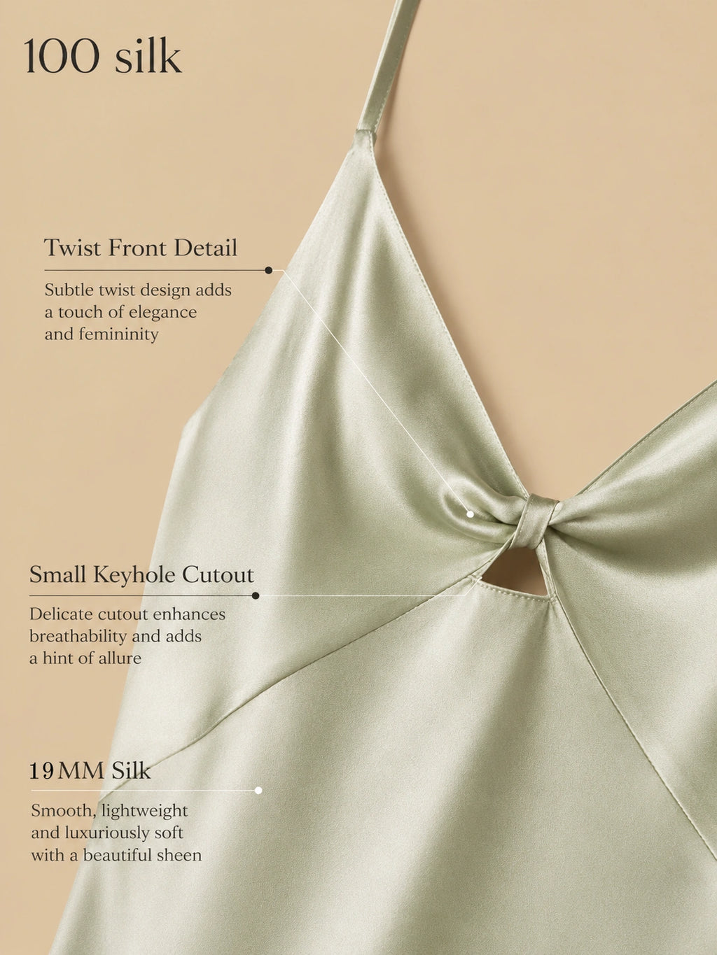 19mm light green silk twist-front nightgown with V-neck, keyhole cutout, slim straps, and smooth silk fabric detail