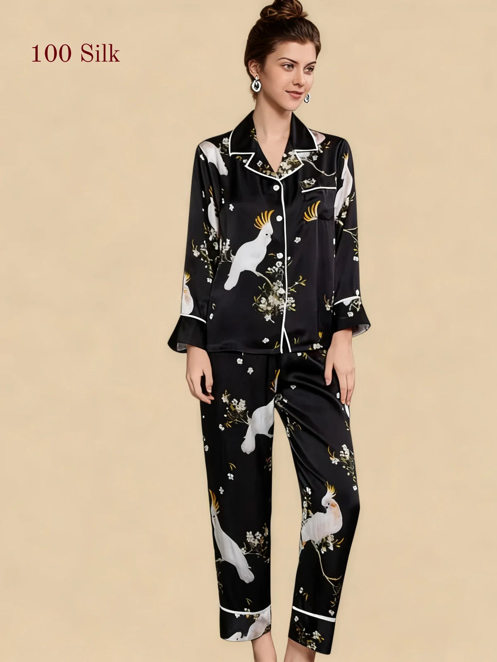 Black 19mm two-piece silk loungewear front view with crane blossom print and contrast-piped collar-02
