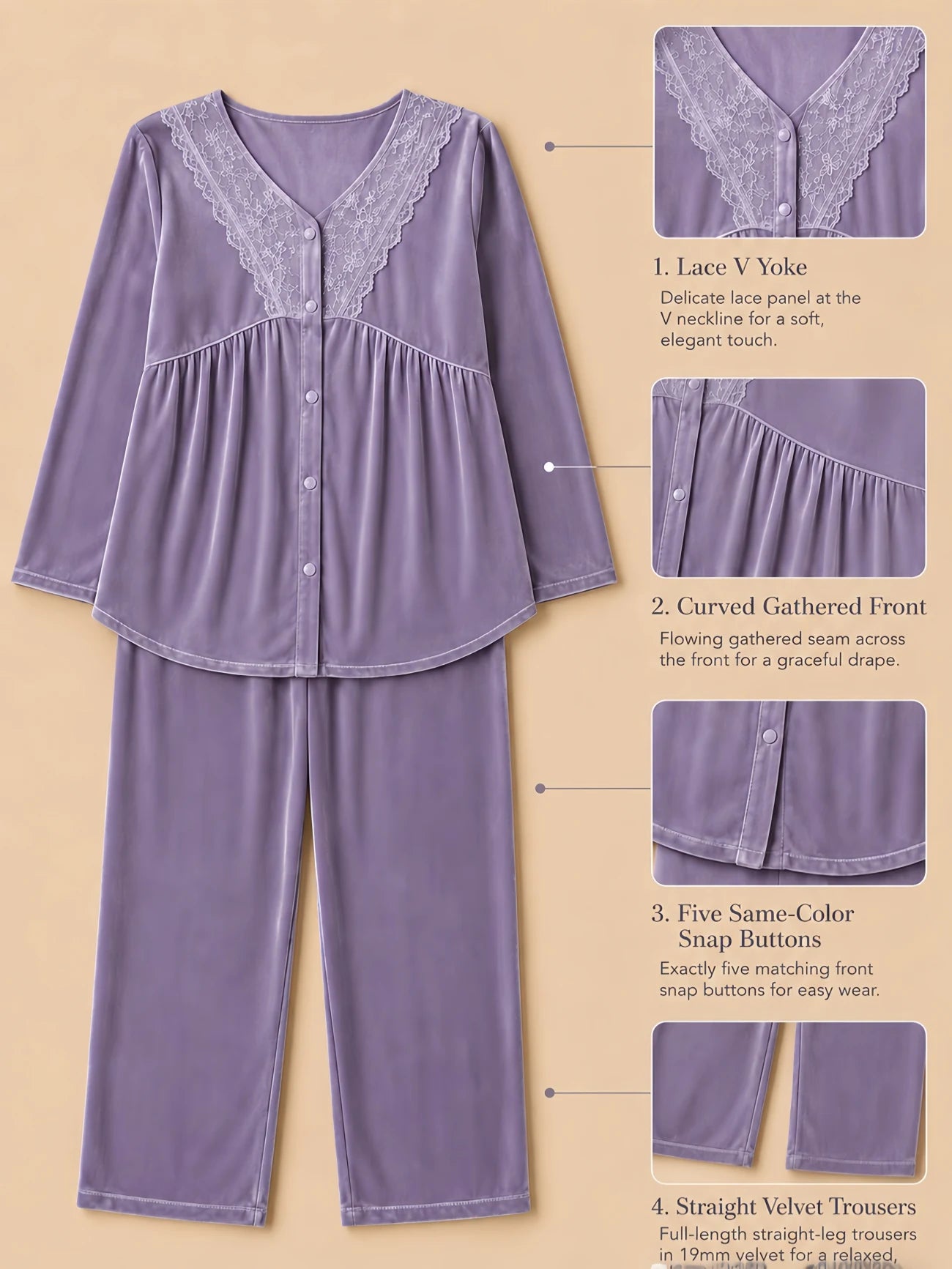 Purple 19mm velvet blouse set with lace V yoke, curved gathered front seam, same-color snap-button closure, long sleeves, and full-length straight trousers shown in a flat-lay product detail image.