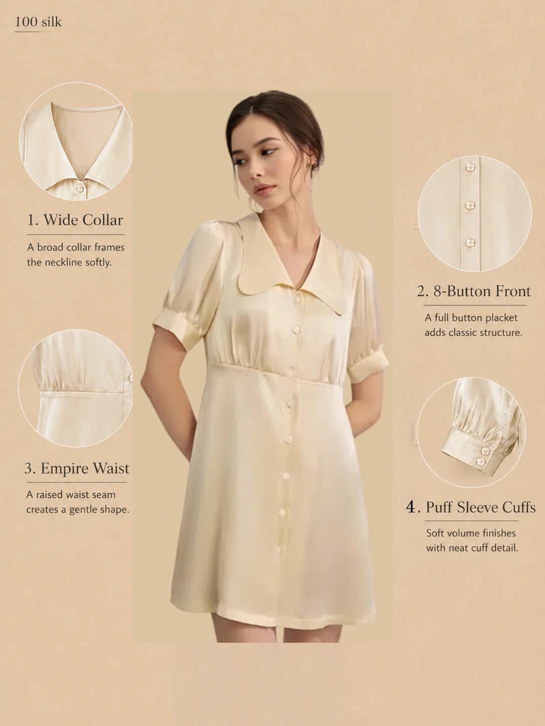 Silkgala 19mm 100% mulberry silk sleep dress detail image showing a wide collar, 8-button front placket, empire waist seam, puff short sleeves with cuff detail, and easy short drape.