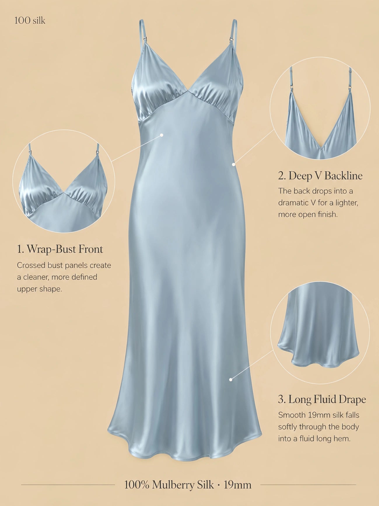 Silkgala 19mm 100% mulberry silk wrap-bust nightgown detail image showing a wrap-style bust front, deep V backline, and long fluid drape.