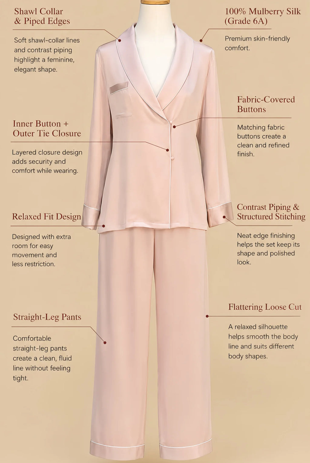 Silkgala pale pink 100% mulberry silk pajama set on mannequin with shawl collar, contrast piped edges, fabric-covered buttons, relaxed fit top, and straight-leg pants on beige background.