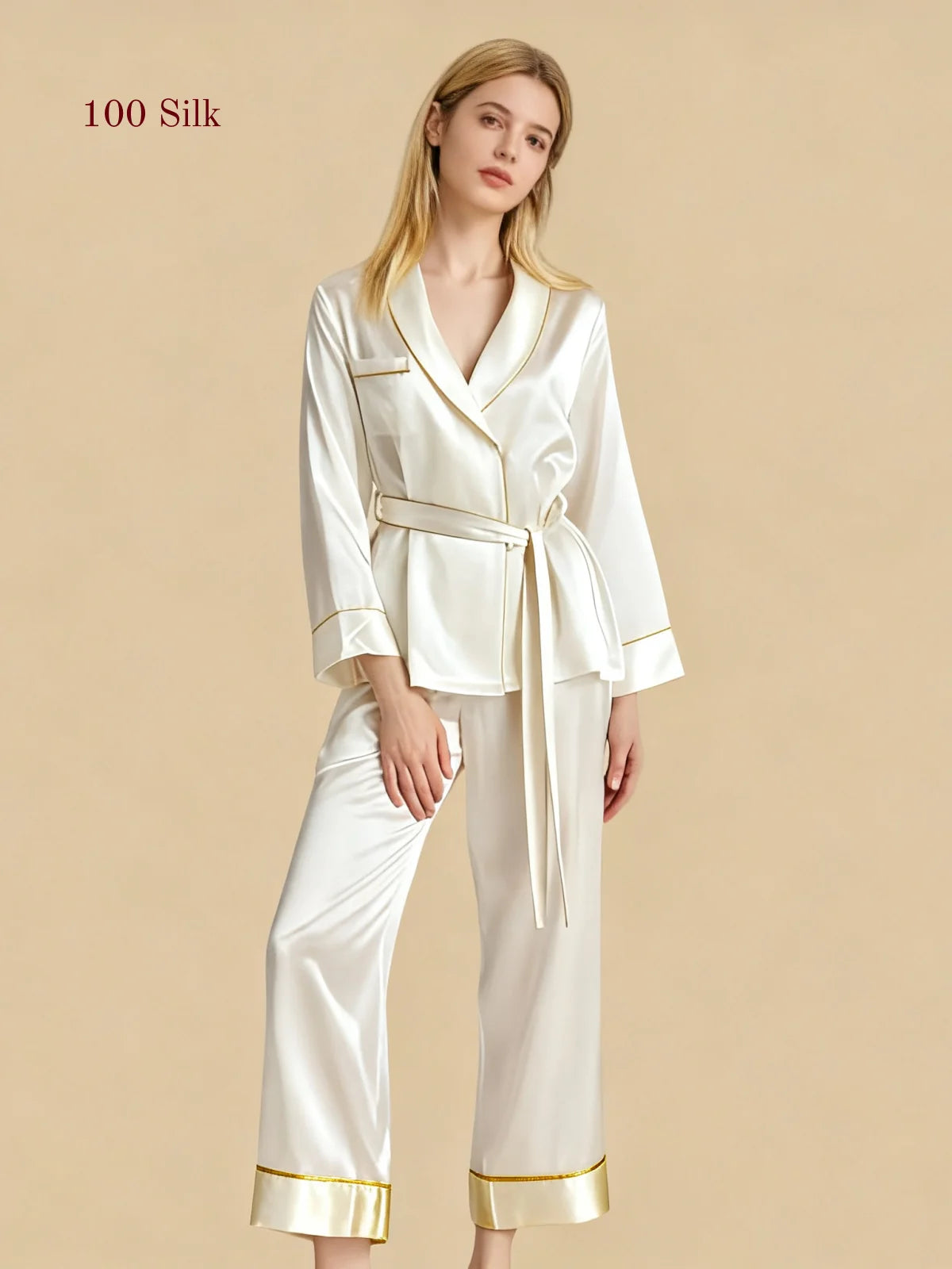 Silkgala 19mm white wrap silk pajama set with shawl collar, self-tie waist, contrast piping, and straight-leg pants.