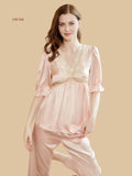 Silkgala 19mm silk pajama set in Light Pink with beige lace V-neck.
