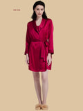 Red 19mm silk short robe set front view with wrap robe and sash waist