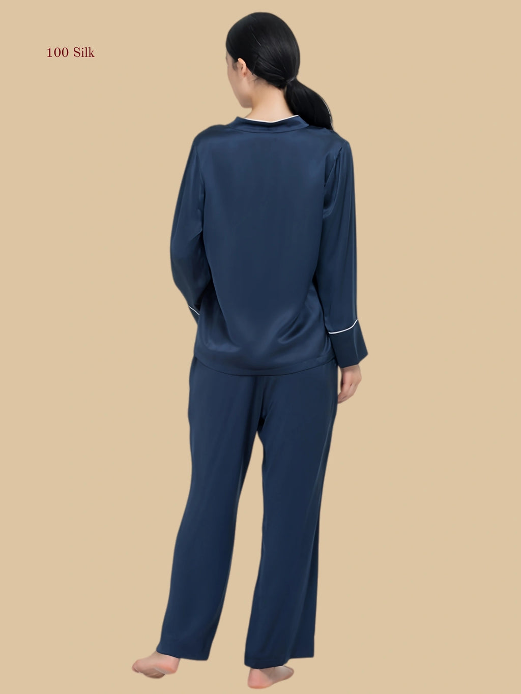 Navy blue 19mm soft V pajama set back view with relaxed long-sleeve top and straight pants