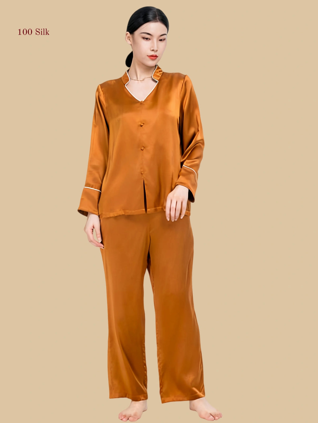 orange 19mm soft V pajama set front view with folded V collar and full-length pants