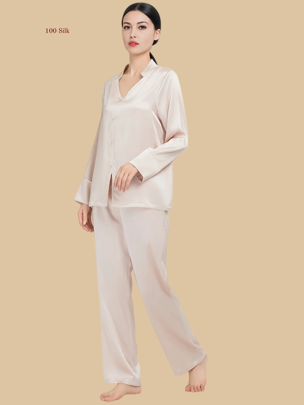 pink19mm soft V pajama set front view with folded V collar and full-length pants