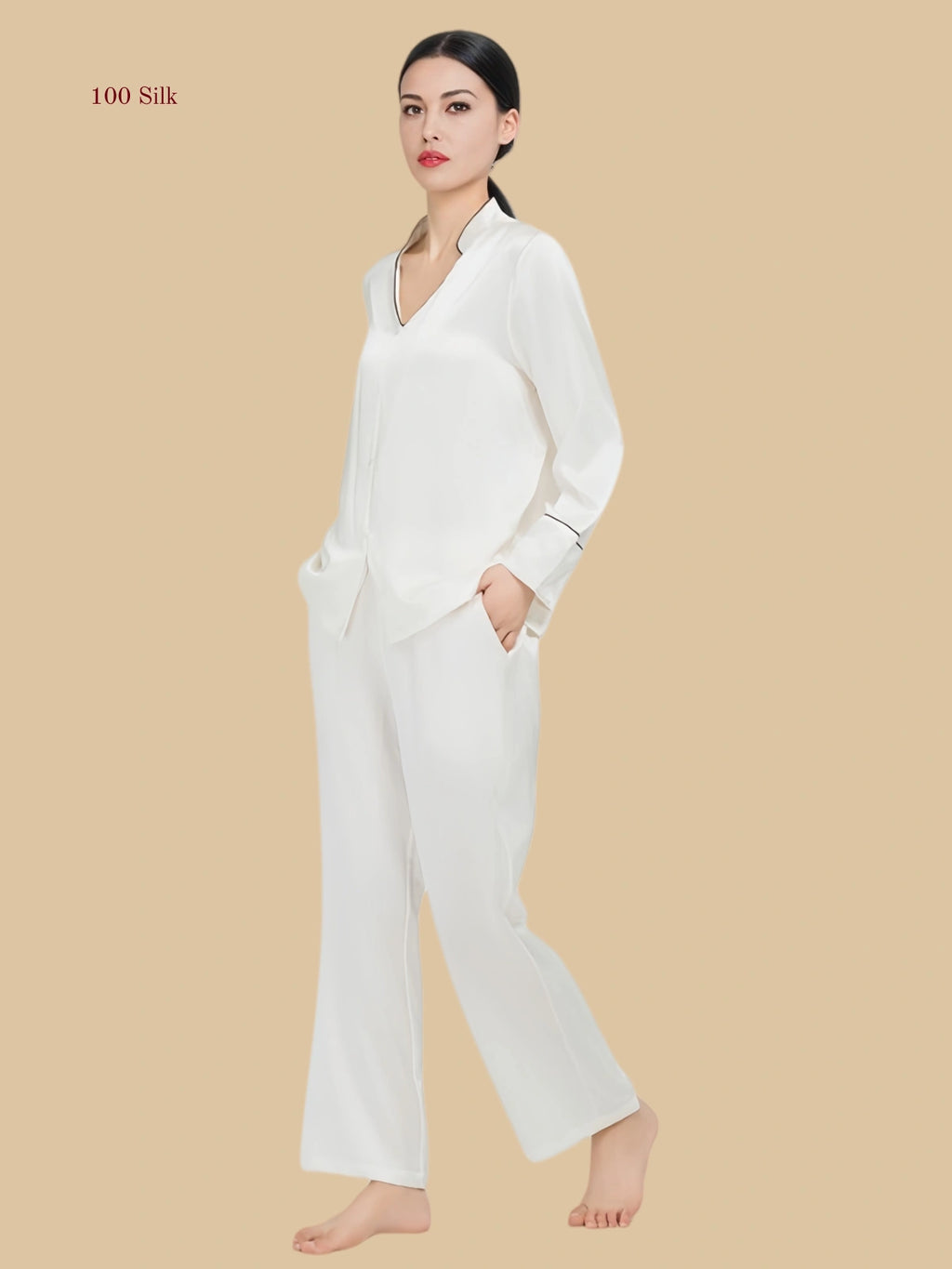 white 19mm soft V pajama set front view with folded V collar and full-length pants