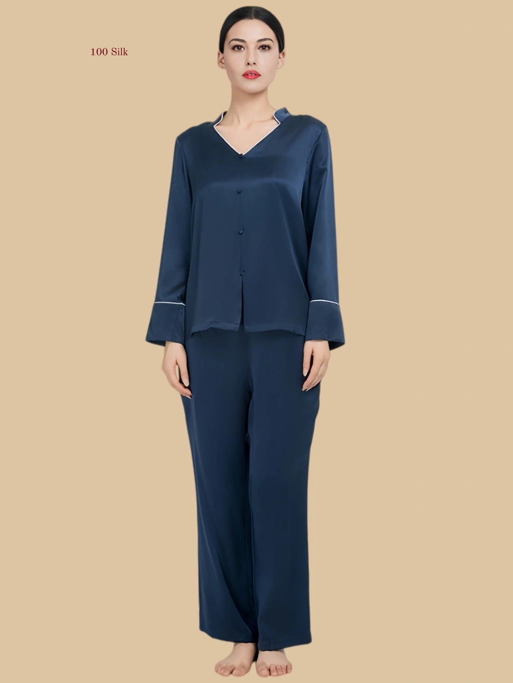 Navy blue 19mm soft V pajama set front view with folded V collar and full-length pants