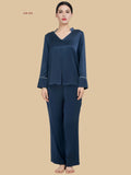 Navy blue 19mm soft V pajama set front view with folded V collar and full-length pants
