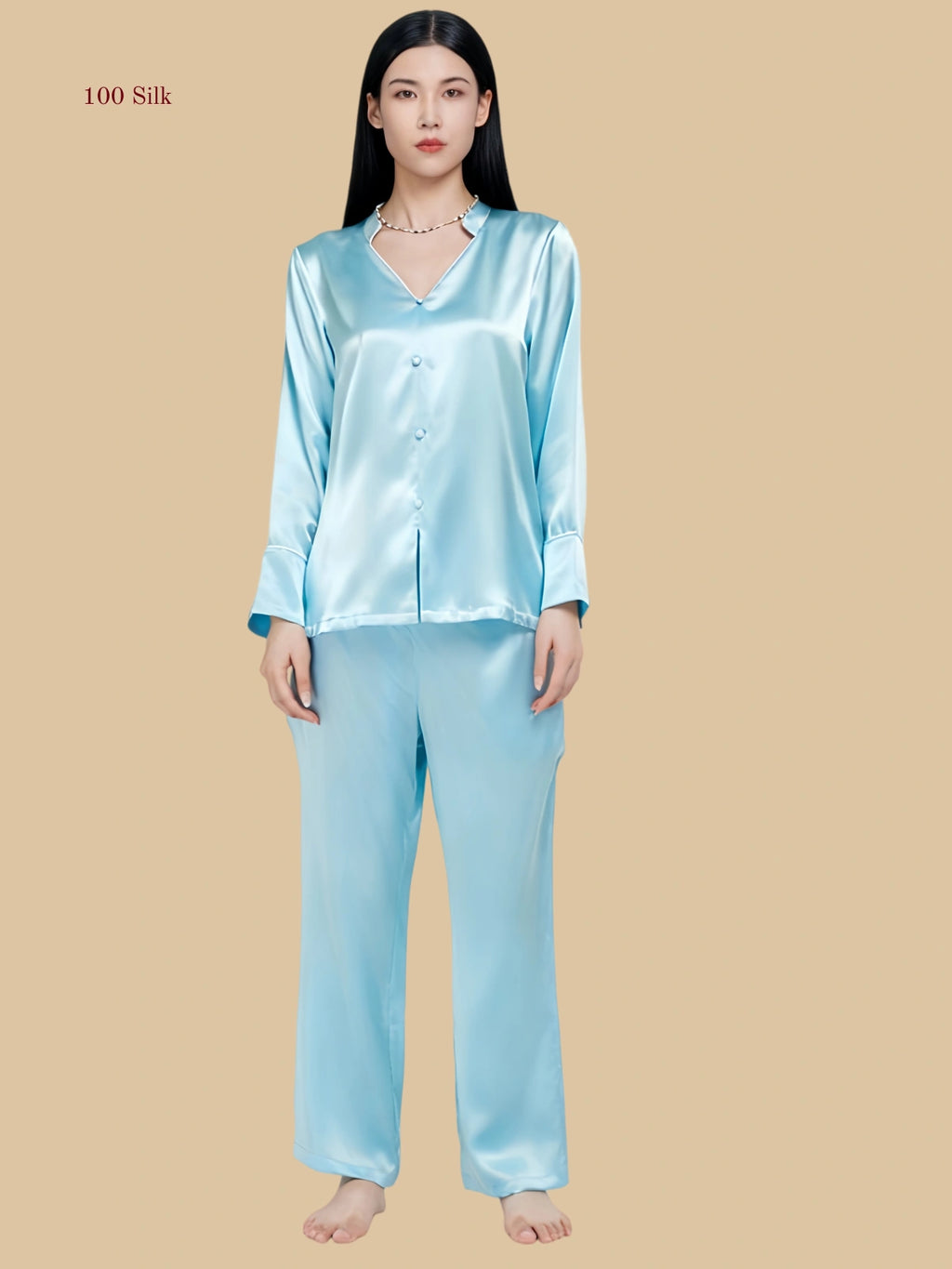 blue 19mm soft V pajama set front view with folded V collar and full-length pants