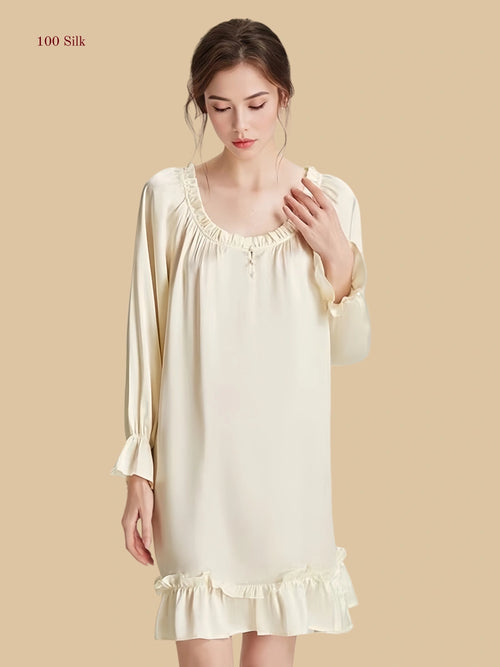 Off-White 16 Momme silk midi dress featuring a textured U-neck and tiered scalloped hem | Silkgala