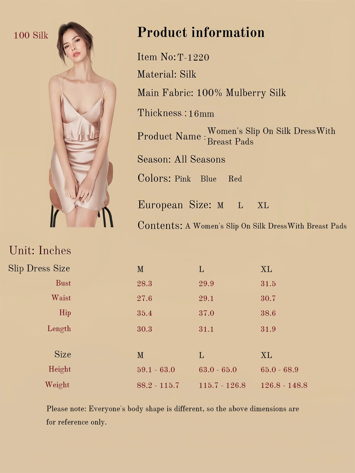 Women's Slip On Silk Dress With Breast Pads