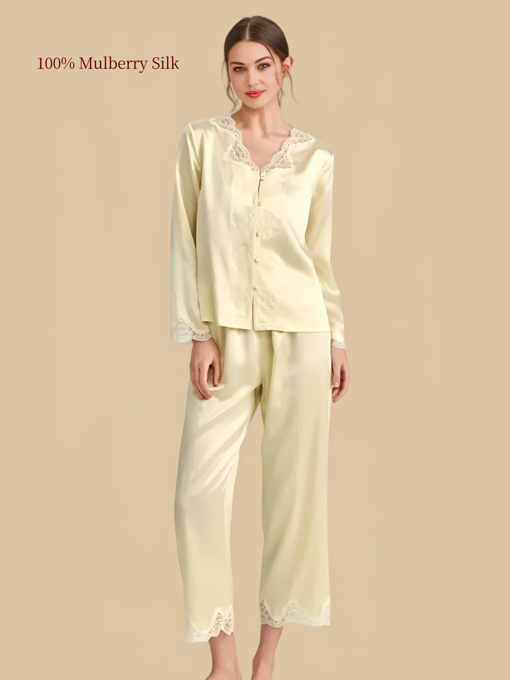 Coconut Milk 22 momme silk pajama set with floral lace neckline, decorative front placket and coordinating long pants.