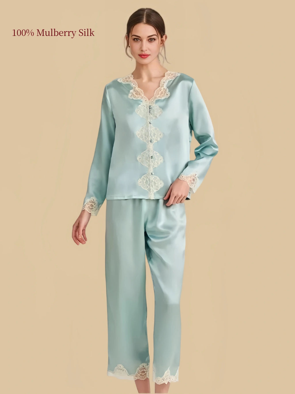 Hazy Blue 22 momme mulberry silk pajama set with floral lace V-neck, decorative button placket and matching lace-trimmed pants.
