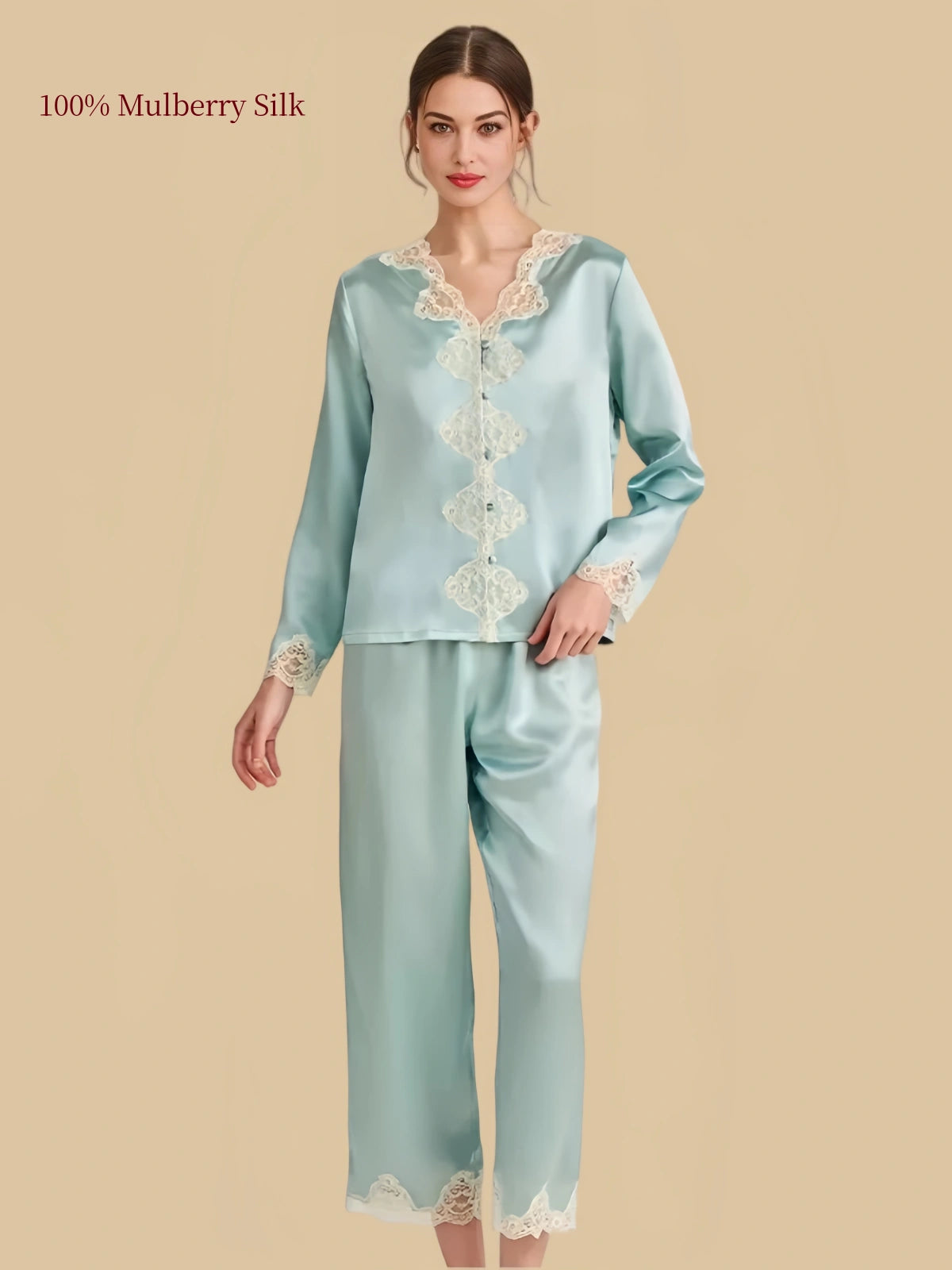 Hazy Blue 22 momme mulberry silk pajama set with floral lace V-neck, decorative button placket and matching lace-trimmed pants.