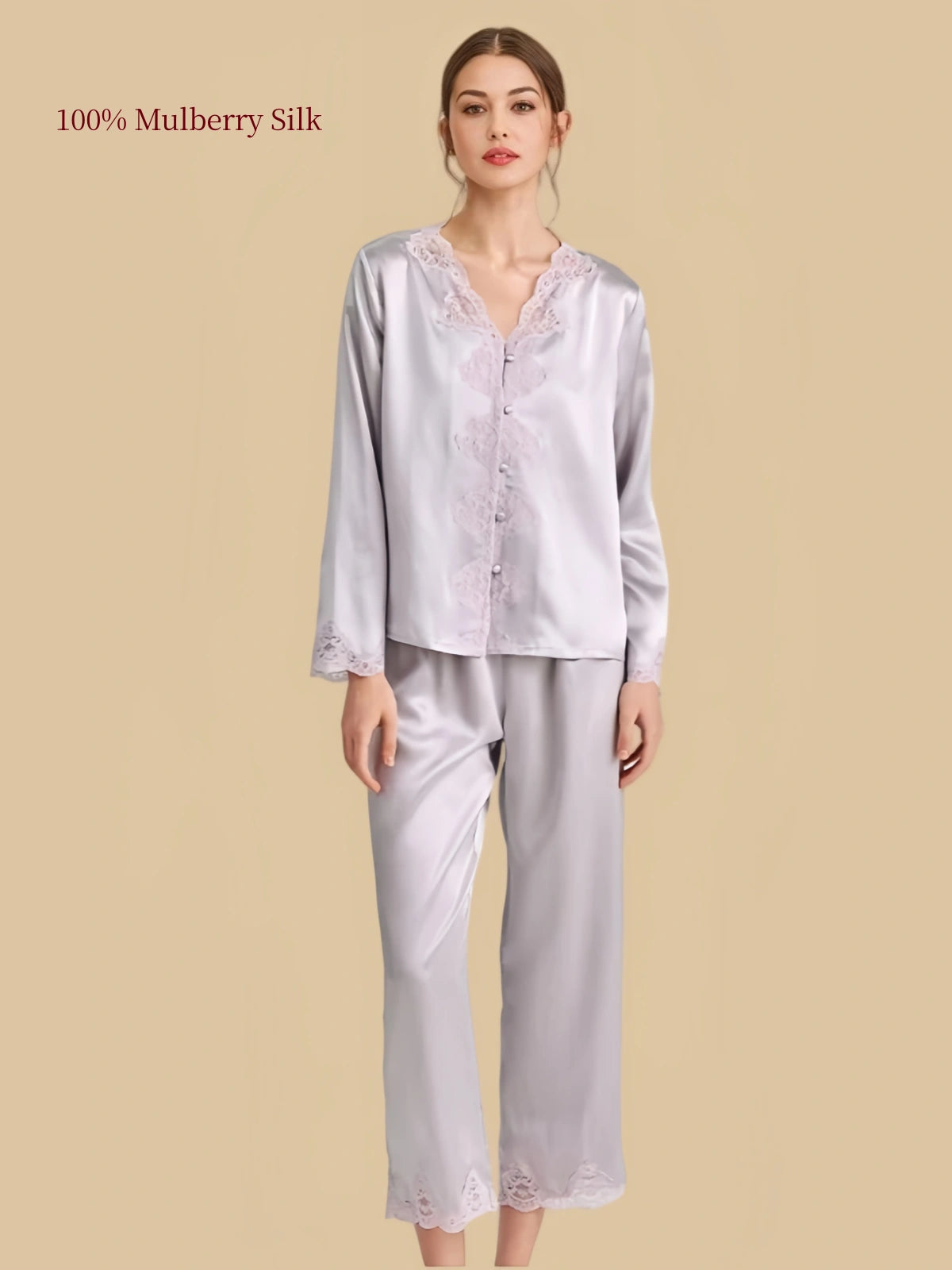 Misty Purple mulberry silk pajama set featuring a floral lace button-front top and relaxed straight-leg pants with decorative lace hems.