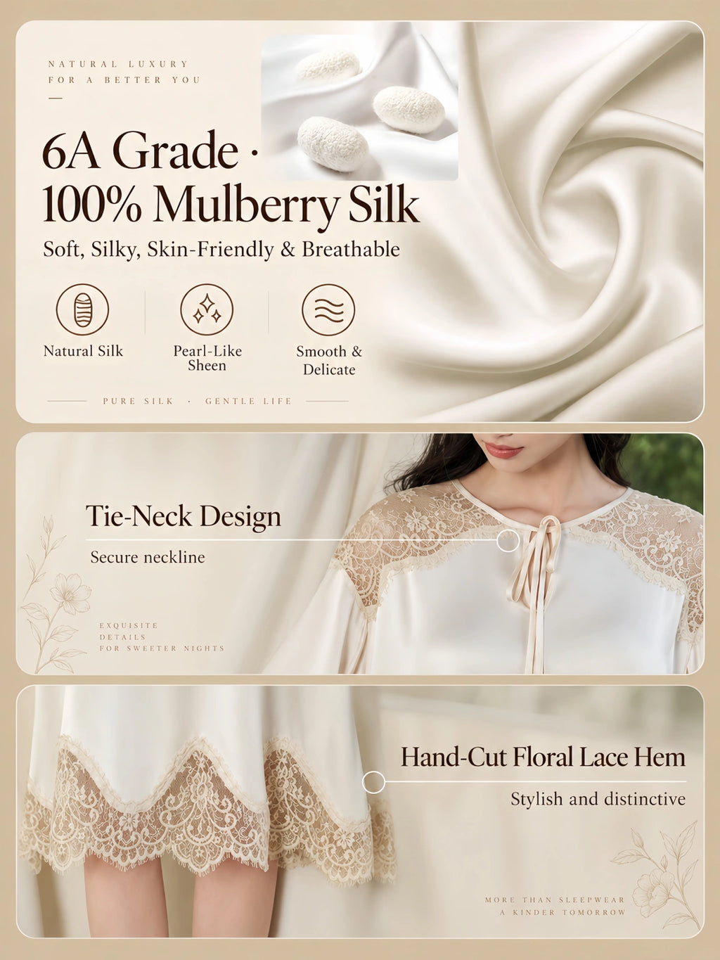 Silkgala design inspiration for 22 momme silk nightdress featuring tie neckline and floral lace patchwork