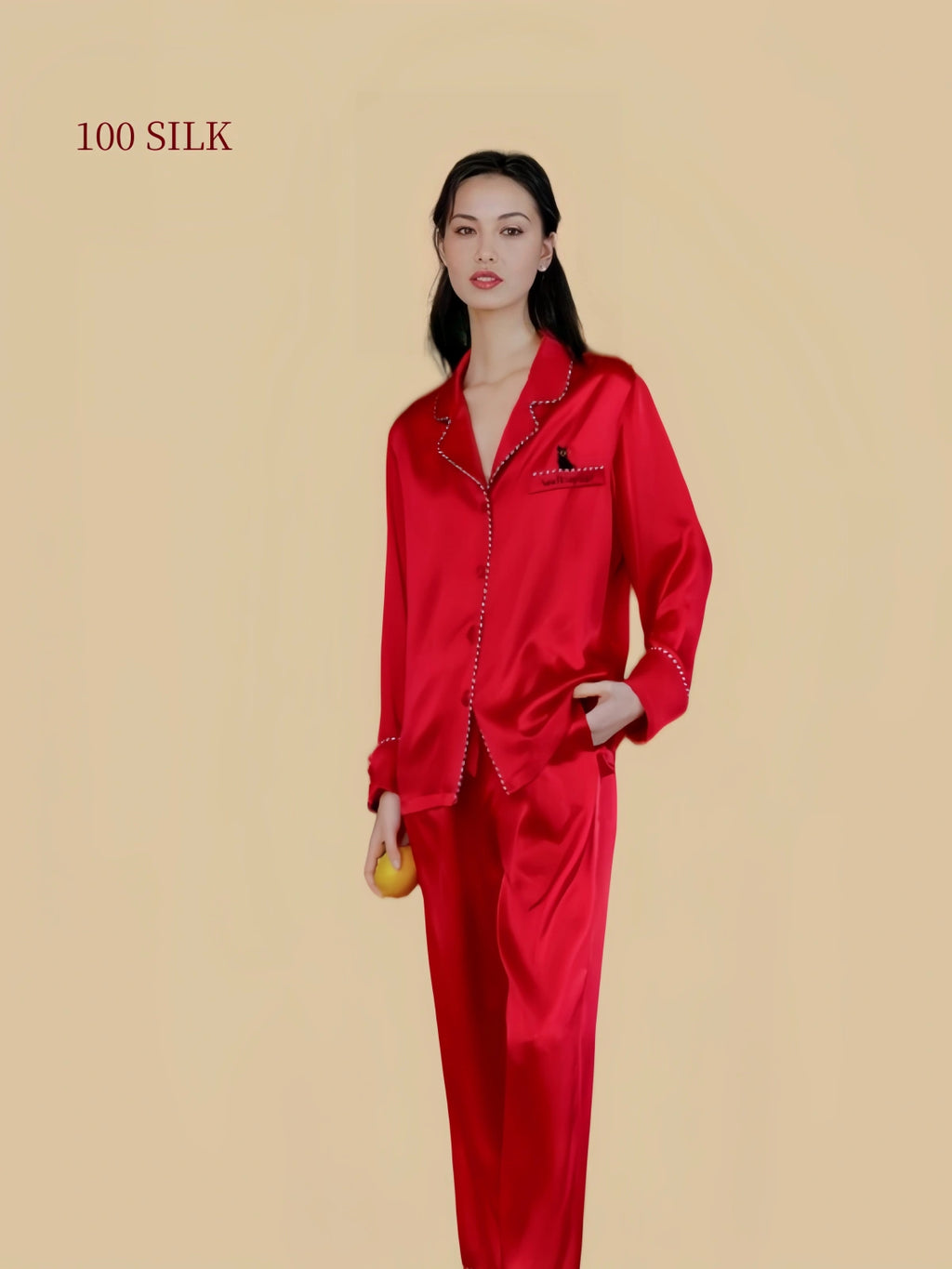Silkgala 22 momme mulberry silk pajama set in camellia red with contrast piping and cat embroidery full body view 