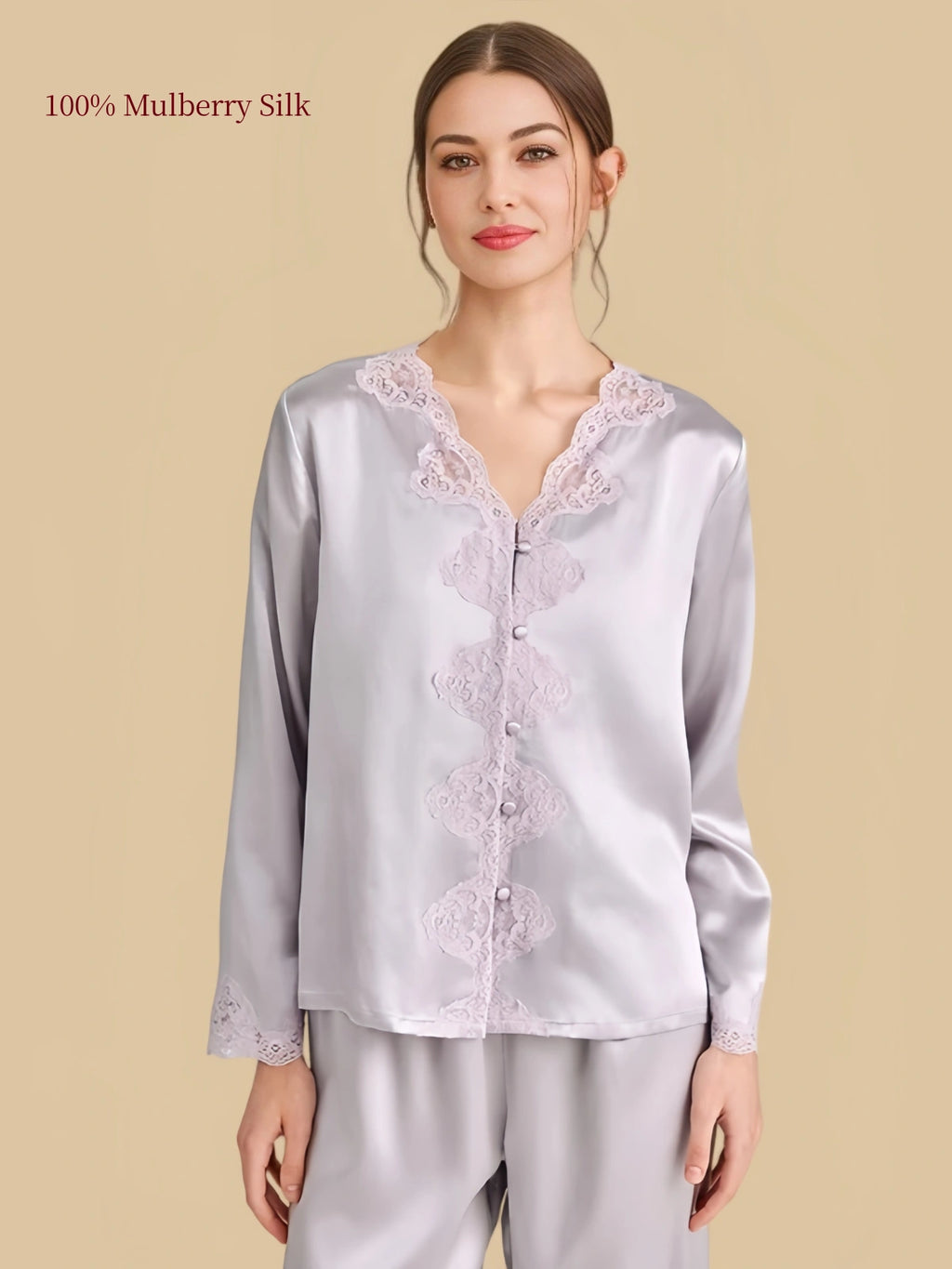 Front detail of Misty Purple silk sleepwear showing a lace-trimmed V-neckline and matching floral lace along the button placket.