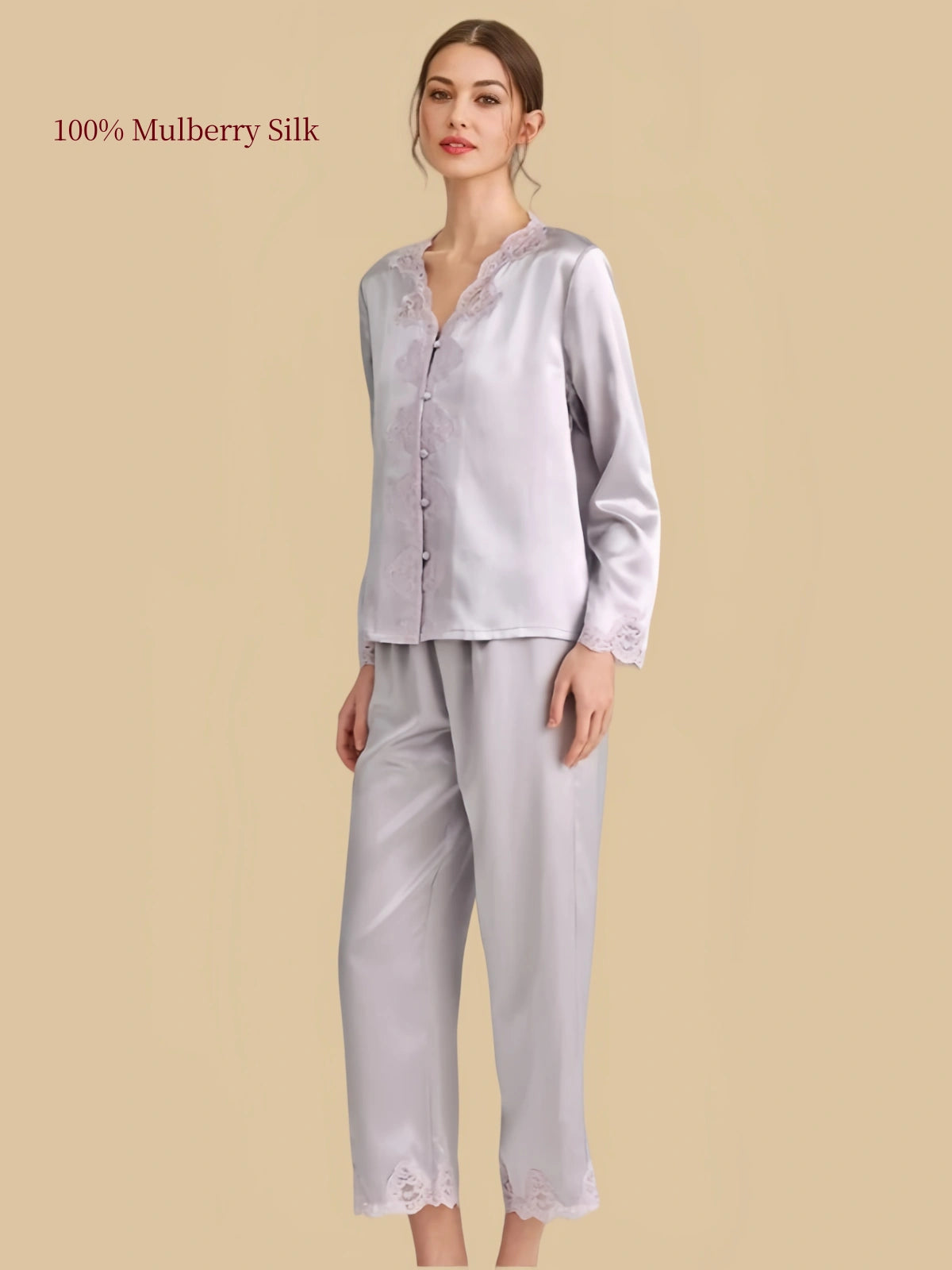 Side view of Misty Purple silk pajama set with softly draped long sleeves, lace cuffs and coordinating pants.