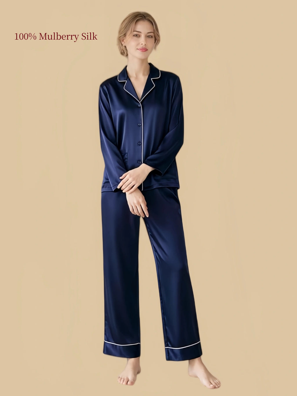 Deep Navy 22 momme mulberry silk pajama set with contrast piping, button-front shirt and matching full-length pants