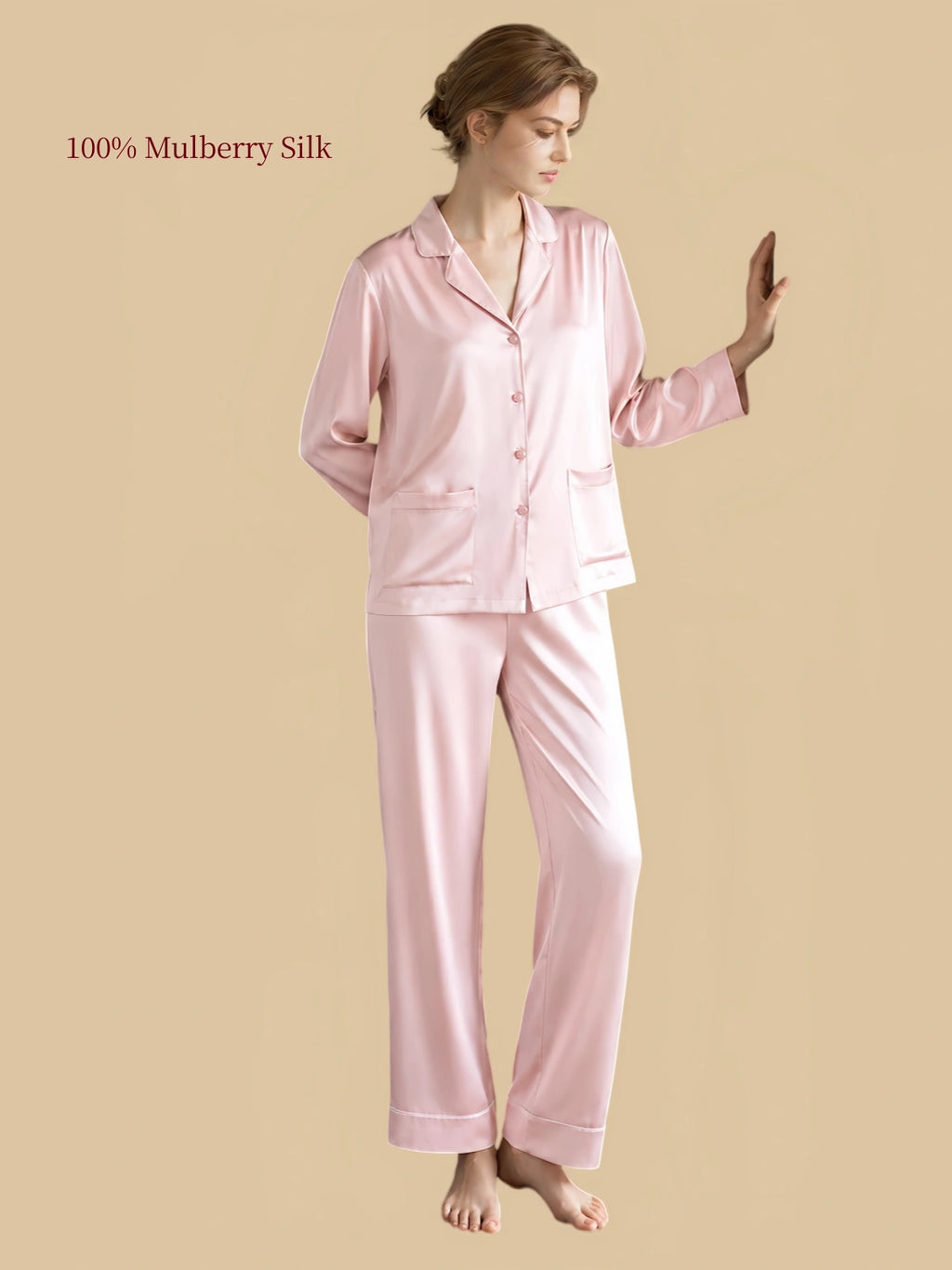 Pale Lotus-Root Pink 22 momme silk pajama set with notched lapel collar, long sleeves and relaxed straight-leg pants