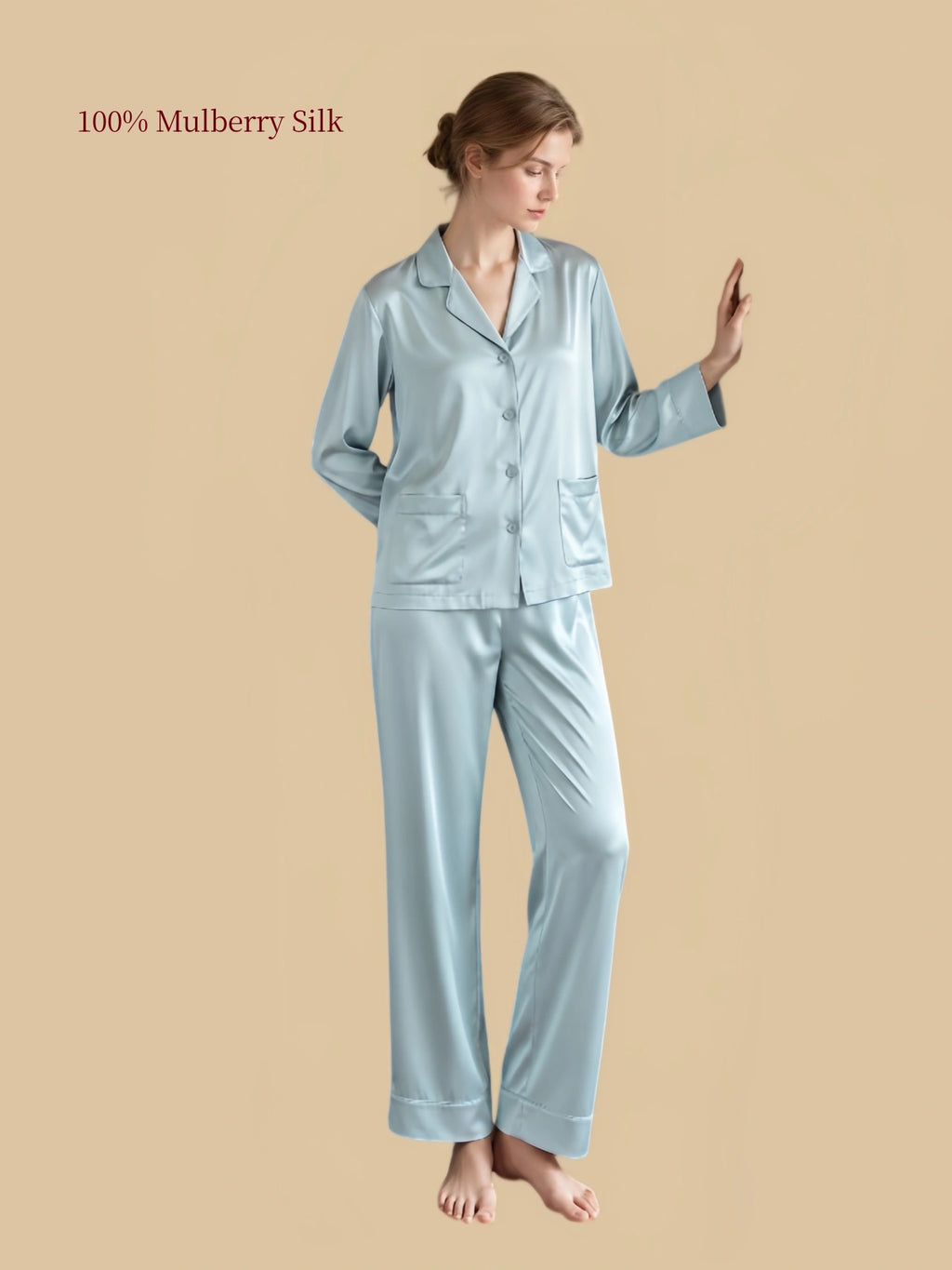 Stone Blue 22 momme mulberry silk pajama set with classic notched lapel collar, front patch pockets and full-length pants