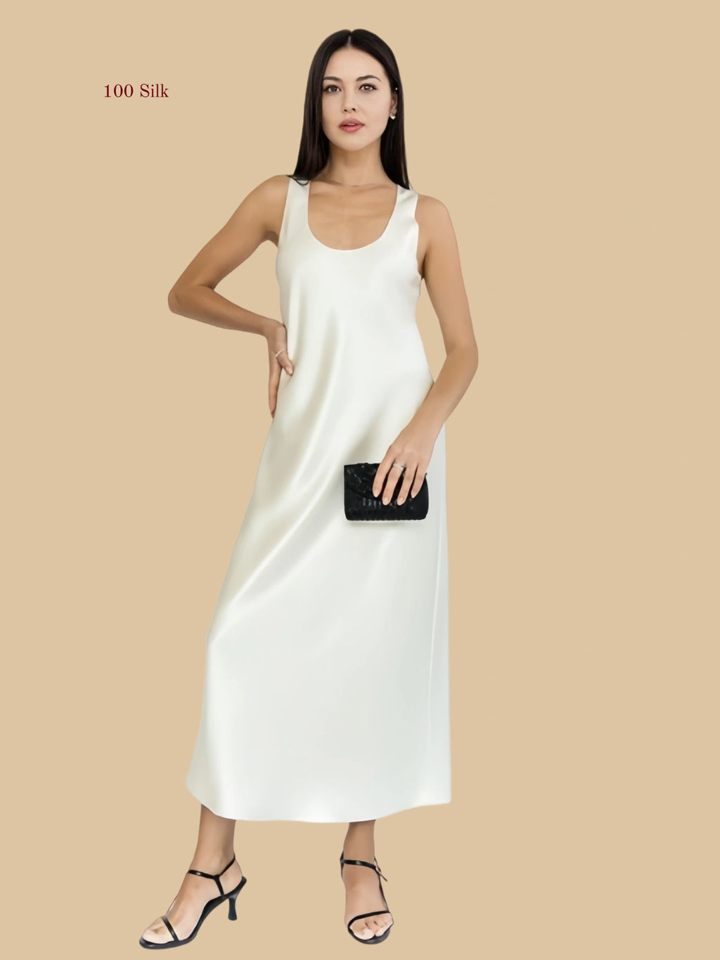 white 22mm scoop-neck silk maxi dress front view with sleeveless column drape