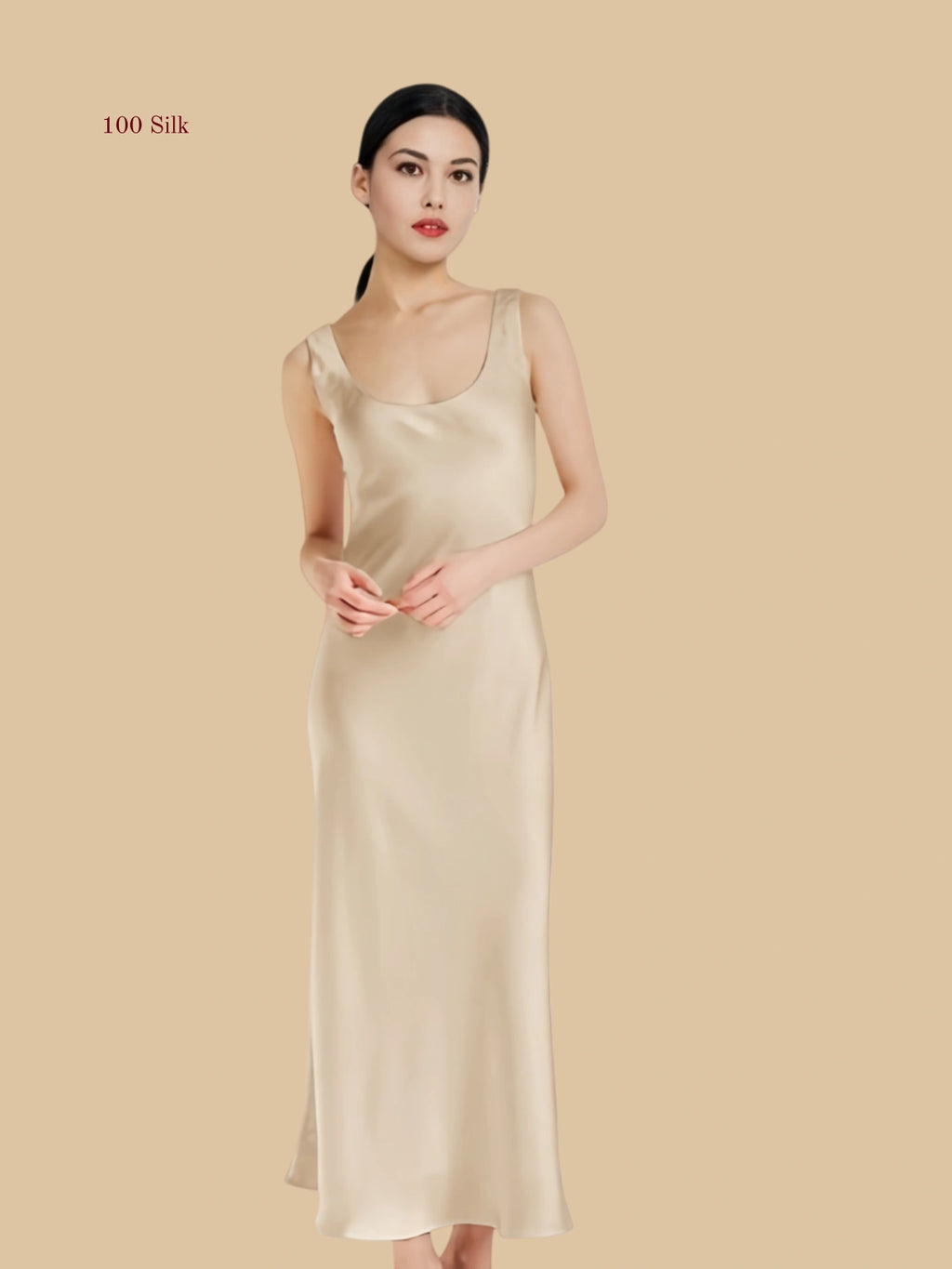 Champagne Beige 22mm scoop-neck silk maxi dress front view with sleeveless column drape