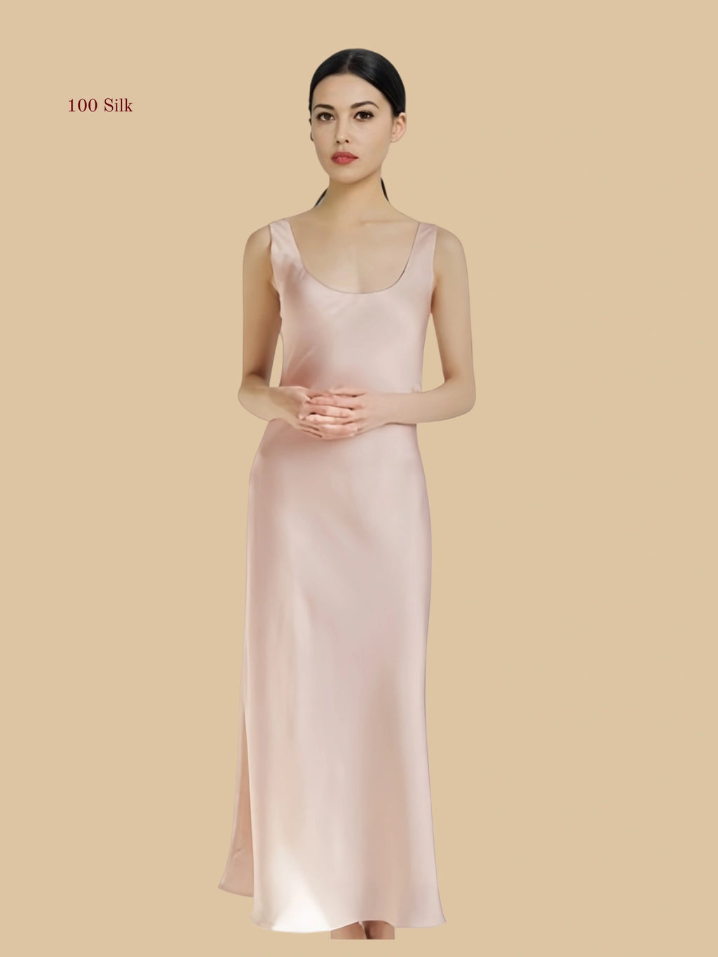 pink 22mm scoop-neck silk maxi dress front view with sleeveless column drape
