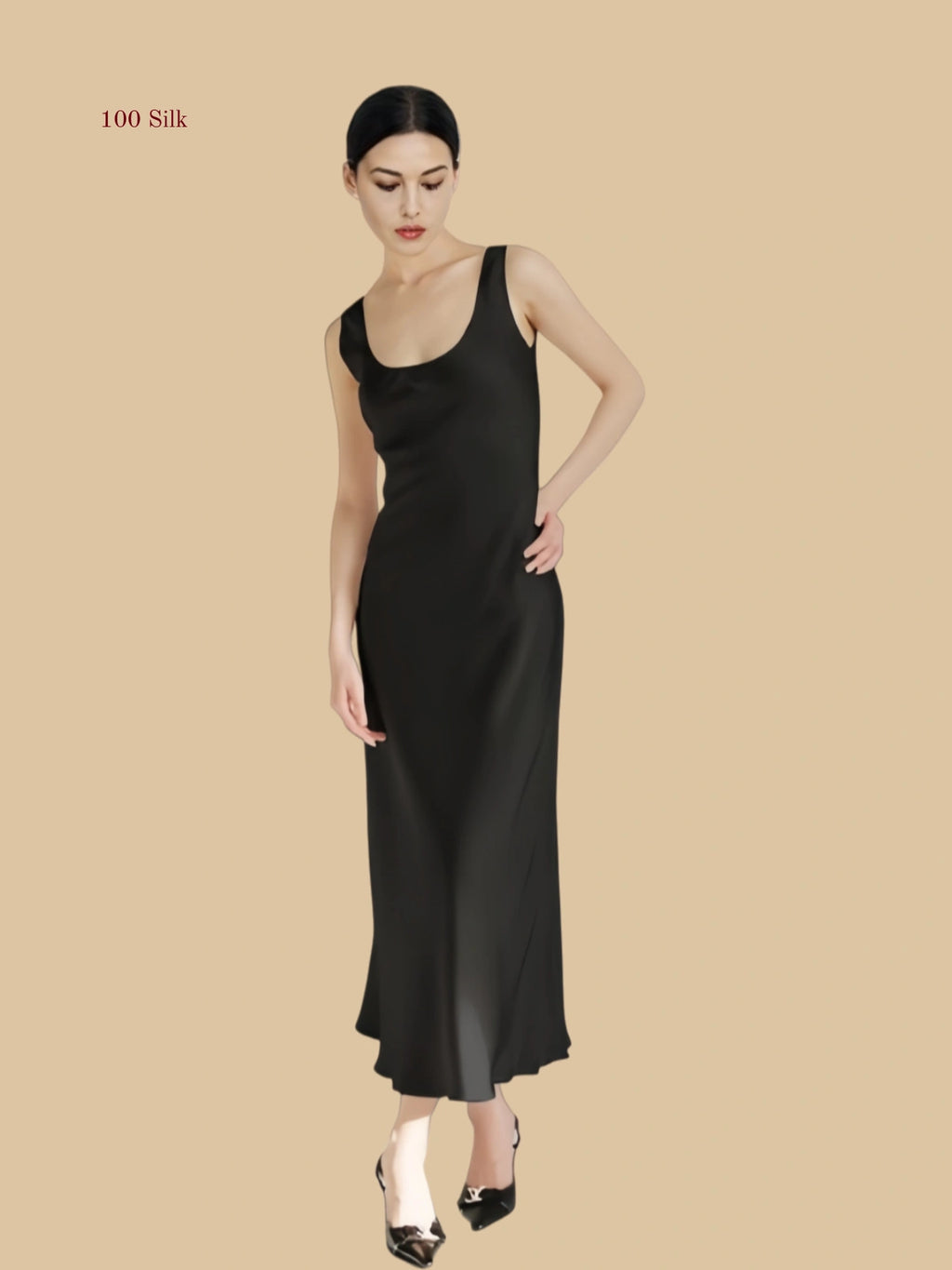 black 22mm scoop-neck silk maxi dress front view with sleeveless column drape