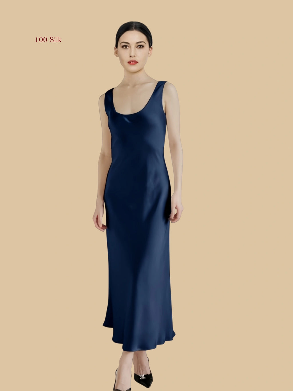 navy 22mm scoop-neck silk maxi dress front view with sleeveless column drape