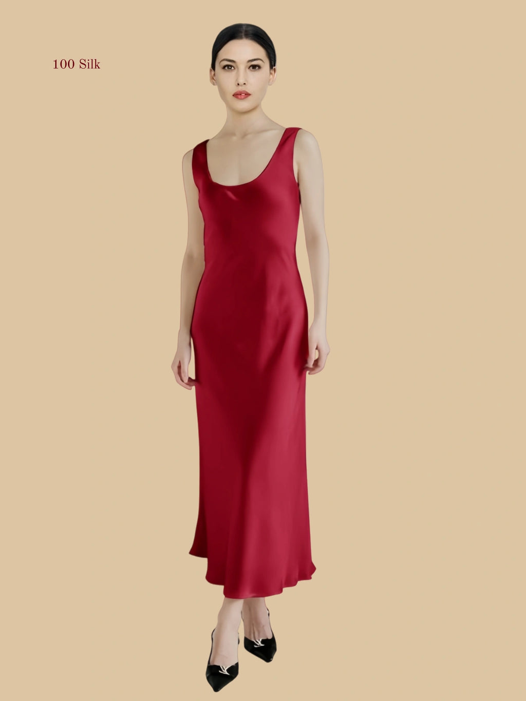 red 22mm scoop-neck silk maxi dress front view with sleeveless column drape