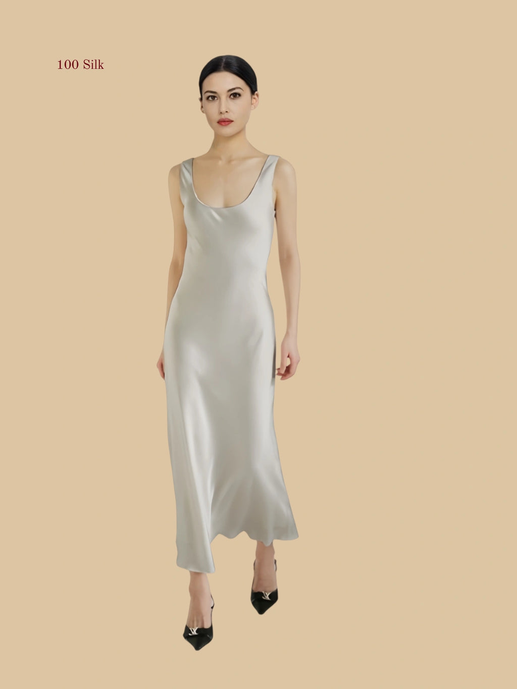 Silver grey 22mm scoop-neck silk maxi dress front view with sleeveless column drape