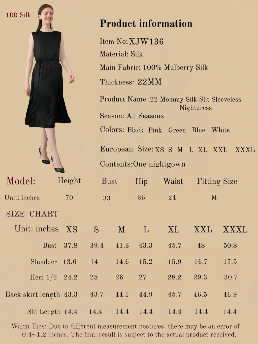 22Momme Silk Slit Sleeveless Nightdress