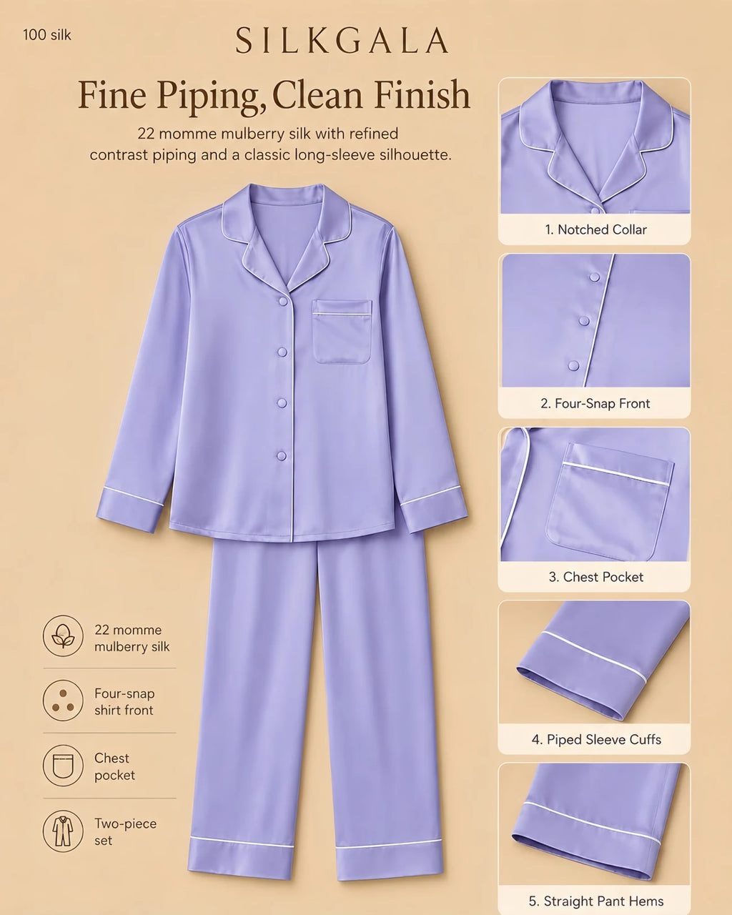 Silkgala 22 momme purple mulberry silk long-sleeve pajama set detail graphic showing fine contrast piping, notched collar, four tonal snap buttons, chest pocket, piped sleeve cuffs, and straight pant hems.