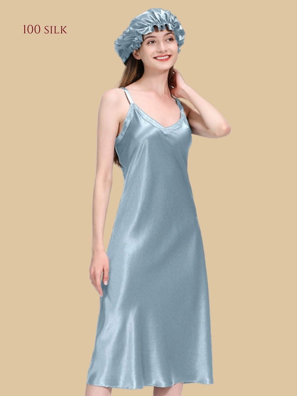 Main Collection Image: Silkgala 22mm heavyweight mulberry silk long slip dress with double-layered V-neck.Blue
