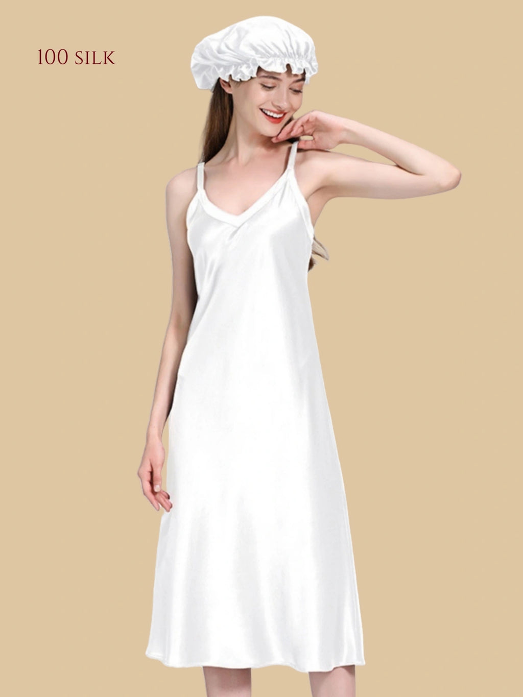 Main Collection Image: Silkgala 22mm heavyweight mulberry silk long slip dress with double-layered V-neck.Whte