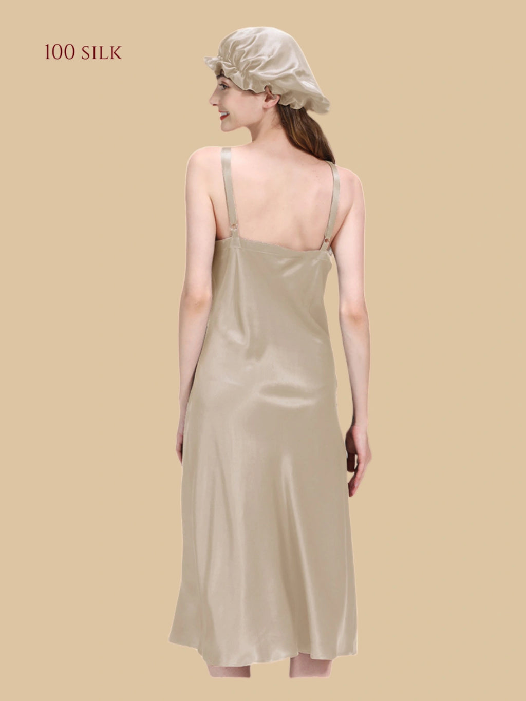 Rear view of the 22 momme luxury long nightgown showing the adjustable straps and over-the-knee length. Khaki.
