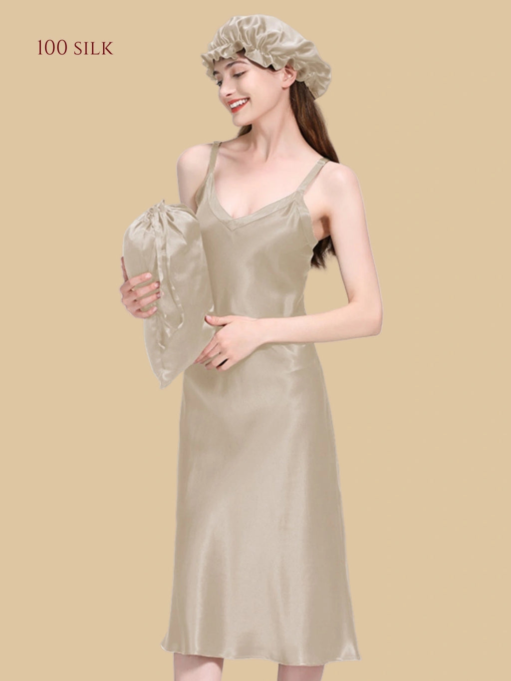 Main Collection Image: Silkgala 22mm heavyweight mulberry silk long slip dress with double-layered V-neck.Khaki