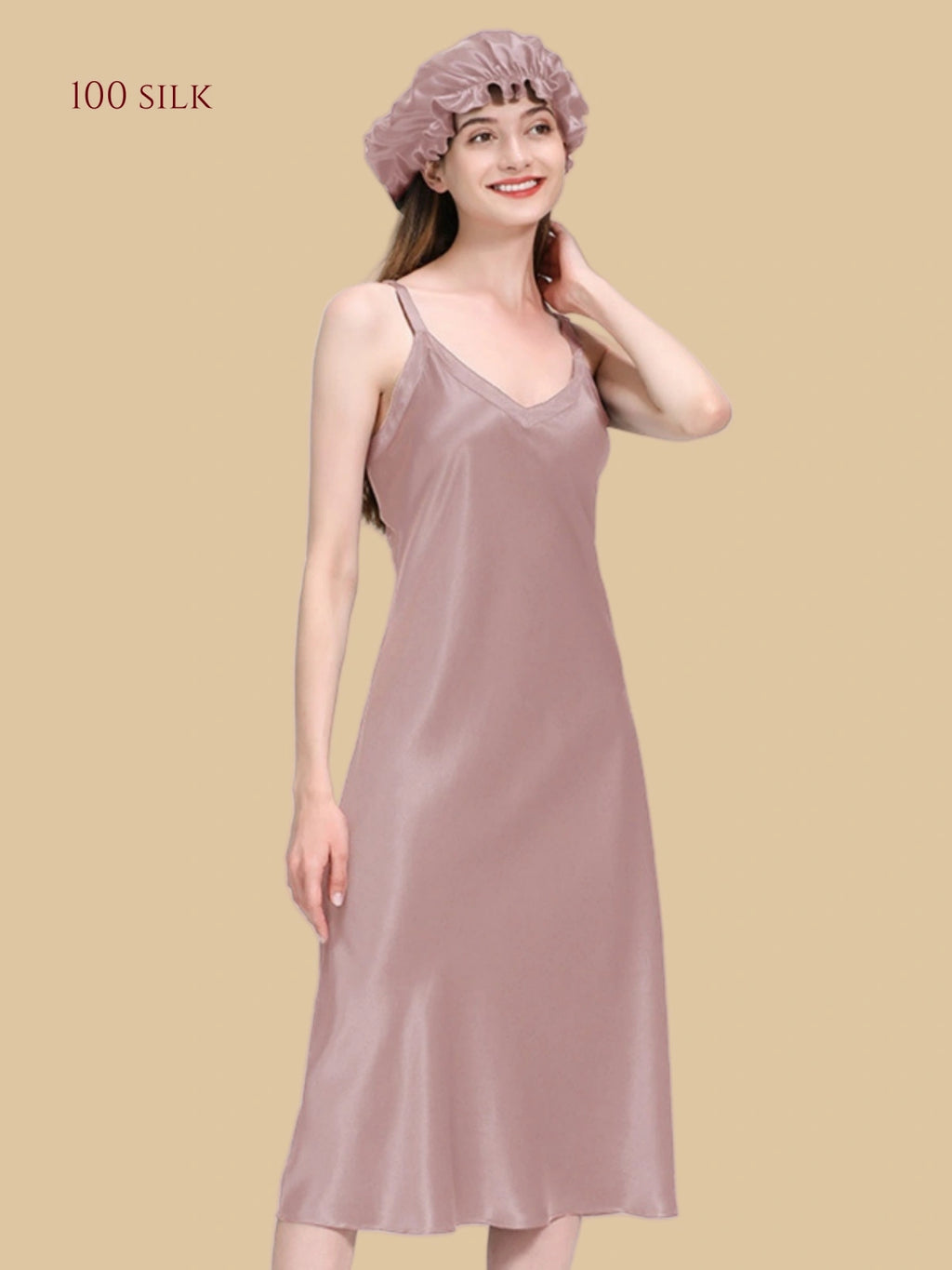 Main Collection Image: Silkgala 22mm heavyweight mulberry silk long slip dress with double-layered V-neck.Pink.