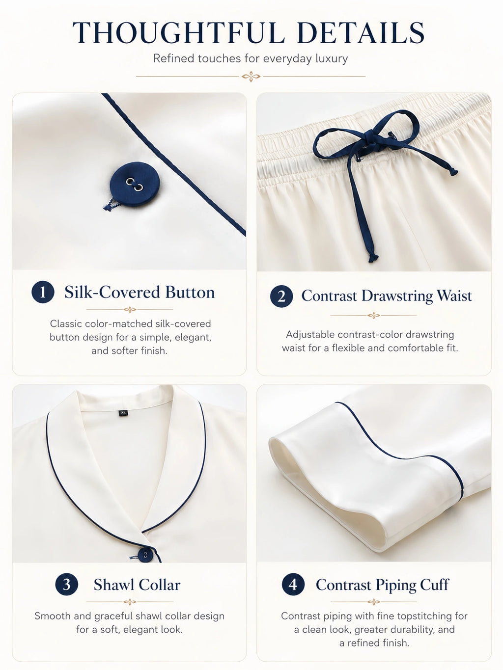 22mm heavyweight silk pajama set detail image showing silk-covered buttons, contrast drawstring waist, shawl collar, and refined contrast piping craftsmanship