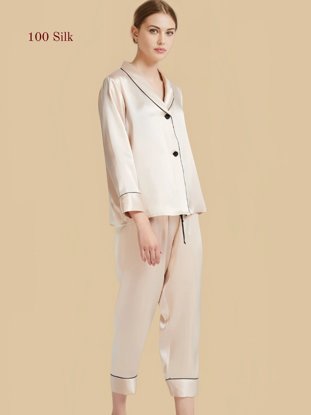 Silkgala 22mm heavyweight silk pajama set in white with dual contrast button design, shawl collar, long sleeves, and relaxed straight-leg pants