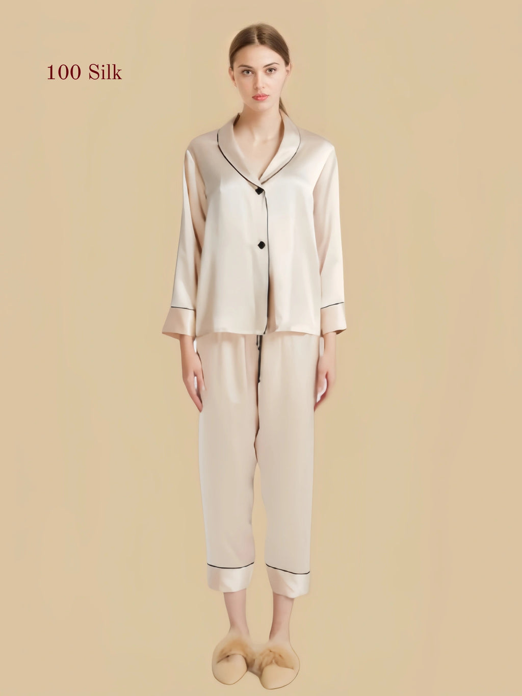 Women’s 22mm heavyweight silk pajama set featuring a luxury lounge silhouette, contrast piping details, button-front top, and comfortable straight trousers
