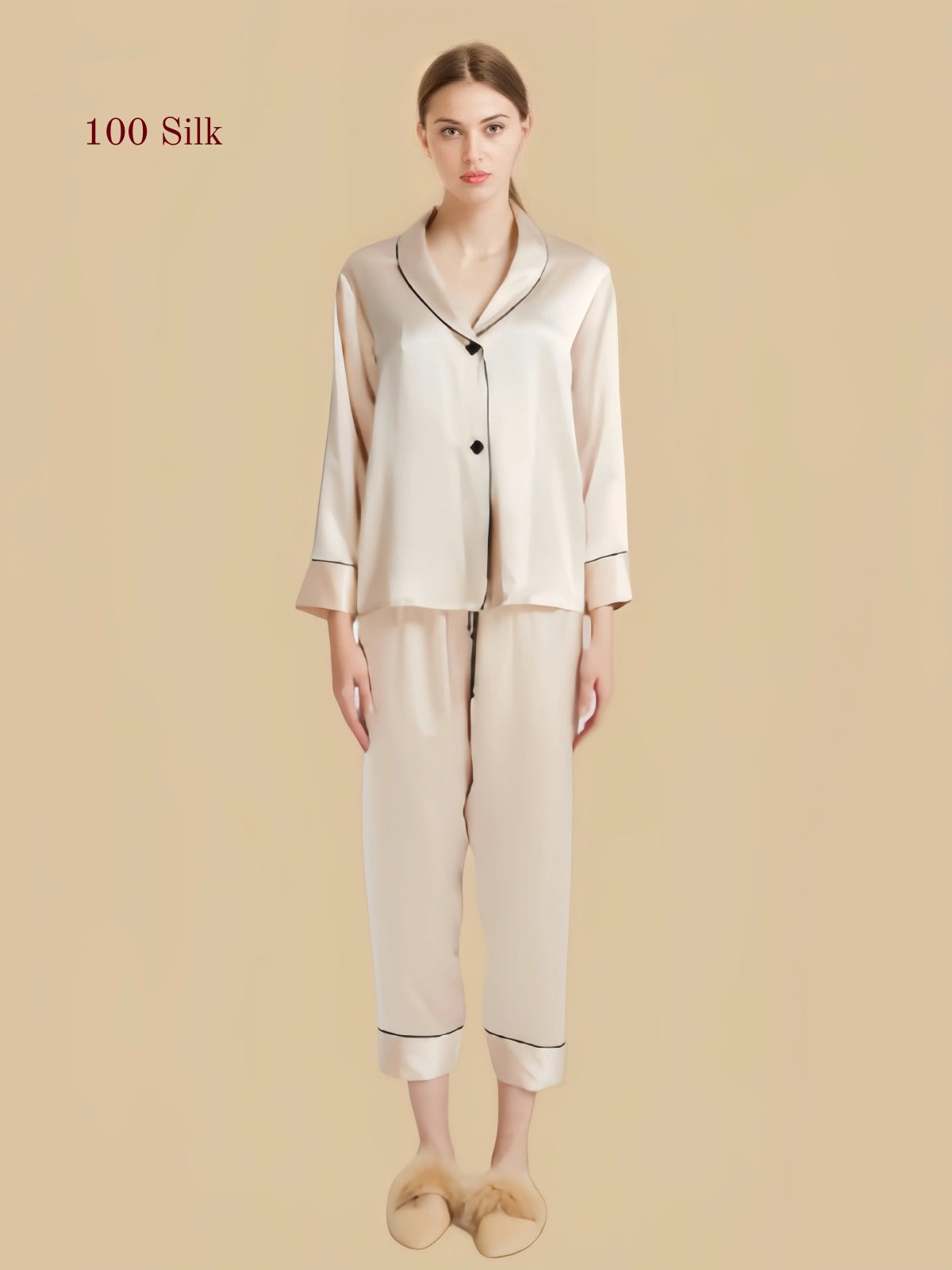Women’s 22mm heavyweight silk pajama set featuring a luxury lounge silhouette, contrast piping details, button-front top, and comfortable straight trousers